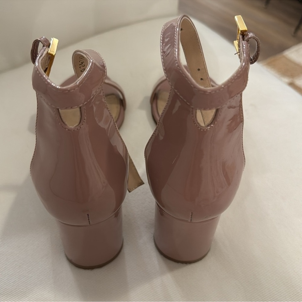 Stuart Weitzman “Less Nudist 75” Patent Leather Block Heel Sandals, Sz 9M - Picture 4 of 11